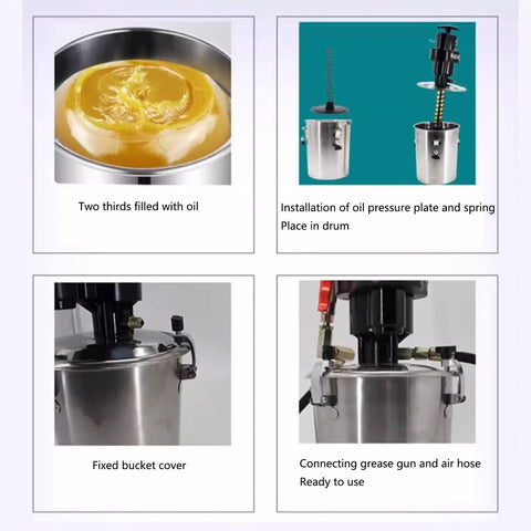 Heavy Duty Pneumatic Grease Pump With Five Foot Air Hose And Swivel Nozzle For Quick Grease Monkey Jobs And Field Machinery Care showing oil filling and installation steps.