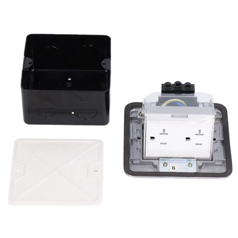 Shop Grade 250V 20A Floor Electrical Outlet With Embedded Pop Up Power Socket And Ip40 Weather Seal components: black case, silver outlet, and white cover.