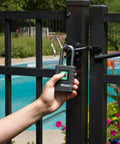 Fingerprint Padlock For Outdoor Use, Heavy Duty Security Lock With Weather Cover on gate near pool, no keys needed