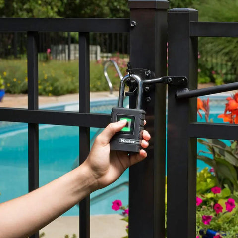 Fingerprint Padlock For Outdoor Use, Heavy Duty Security Lock With Weather Cover on gate near pool, no keys needed