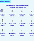 Straight Up Solid 304 Stainless Steel Cup Point Hex Set Screw Assortment Featuring 240 Pieces Across Twelve Standard Inch Threads for various sizes.