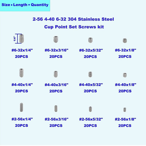 Straight Up Solid 304 Stainless Steel Cup Point Hex Set Screw Assortment Featuring 240 Pieces Across Twelve Standard Inch Threads for various sizes.