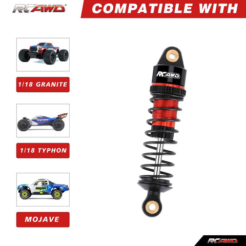ARRMA Grom Shock Absorber Kit With 3 Spring Options, showing red shock absorber compatible with RC Granite, Typhon, Mojave.