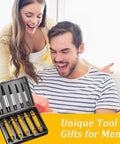 12 Piece Damaged Screw Extractor Set For Stripped Screws And Bolts with gold finish, in open display case, shown as a gift for men