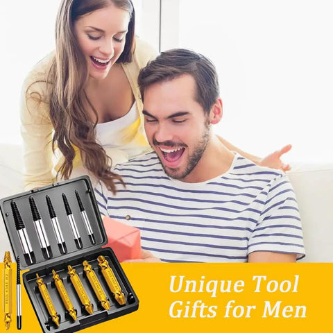 12 Piece Damaged Screw Extractor Set For Stripped Screws And Bolts with gold finish, in open display case, shown as a gift for men