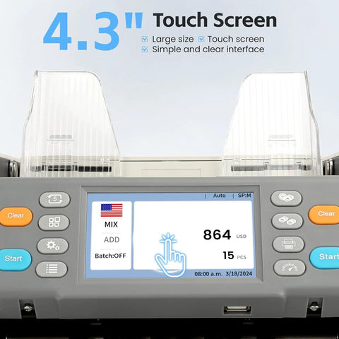 Close-up of 4.3" touch screen on Heavy Duty Money Counter Machine For Multi Currency Bill Scanning And Smart Counterfeit Detection.