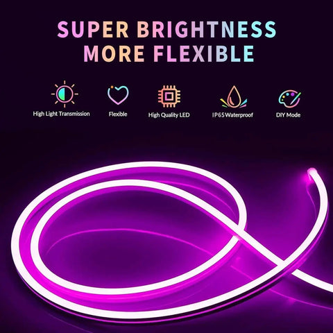 Neon Rope Lights 32.8ft 10m LED Neon Strip Lights With Remote App Control IP65 Waterproof Flexible 24V RGB in pink glow display