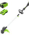 40V Cordless String Trimmer Featuring Brushless Motor, 15 Inch Cutting Path, Includes 2.5Ah Battery And Charger, side view with battery.