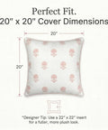 Floral Block Print Pillow Cover In Blush Pink And Off White For Cozy Grandmillennial Decor 20x20 Decorative Throw Pillow Case With Durable Upholstery Fabric Tailored Light Pink Piping And Vintage Chic Vibe, 20x20 fit guide