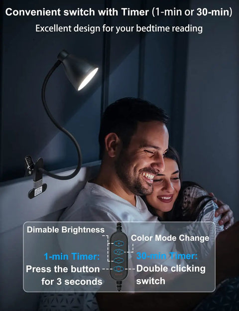 Couple using Clamp Lamp With 3 Color Modes And 10 Brightness Levels, Auto Off Timer, 10W 38 LED Clip On Reading Light on headboard