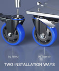 Beefy Heavy Duty 4 Inch Stem Caster Wheels With Dual Locking 2200 Lb Capacity shown with hand and wrench installation options