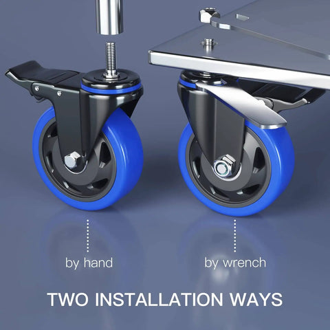 Beefy Heavy Duty 4 Inch Stem Caster Wheels With Dual Locking 2200 Lb Capacity shown with hand and wrench installation options