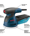 Handheld Palm Sander And Polisher With Variable Speed 7500 To 12000 OPM, 5 Inch, Dampening Braking, and Dust Filtration