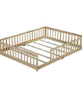 Queen Floor Bed With Safety Guardrails in natural rubber wood finish, low profile platform showing solid construction frame.