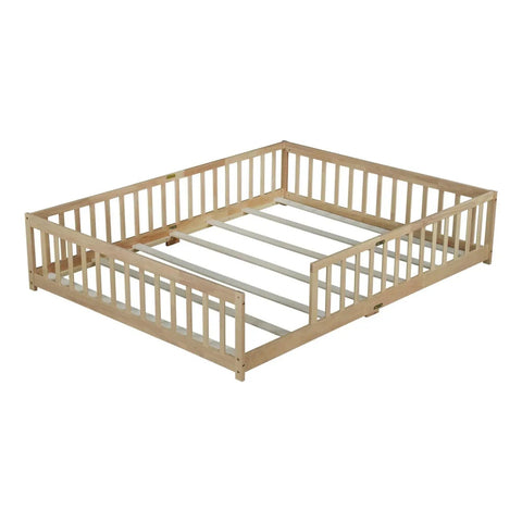 Queen Floor Bed With Safety Guardrails in natural rubber wood finish, low profile platform showing solid construction frame.