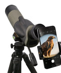 Telescope with phone mount for telescope and optics, adjustable adapter for outdoor viewing, capturing a bird photo.