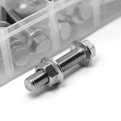 Beefy 240 Piece M5 M6 M8 Flanged Bolts And Nuts Set In Stainless Steel 304 Includes 14 Common Sizes For DIY Projects Automotive Machinery And Home Repairs Ready close-up of bolt.