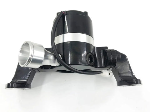 Knocking Out Engine Drag With This Badass Big Block Chevy Electric Water Pump Delivers Slammin 35 GPM High Flow Performance Perfectly Crafted From Lightweight Aluminum For 396 427 454 Blocks Adding Serious Kick To Your Hot Rod Build Today, showing black and silver aluminum water pump.