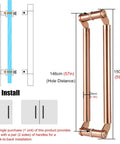 Rose Gold Glass Door Push Pull Handle For Hotel Hall Modern Round Metal Door Handle With Install Fittings Solid Wood Finish Easy Installation Durable 304 Stainless Steel Hardware, shown in front view with dimensions.