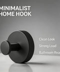 Heavy Duty Bathroom Wall Hook With Adhesive Or Screw Mount Rock Solid Rust Proof Metal Coat Rack, minimalist black design.