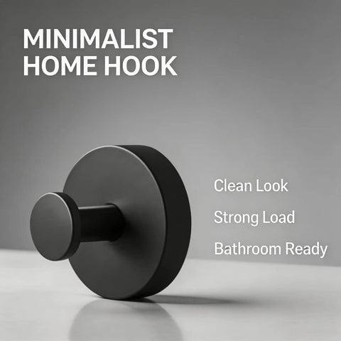 Heavy Duty Bathroom Wall Hook With Adhesive Or Screw Mount Rock Solid Rust Proof Metal Coat Rack, minimalist black design.