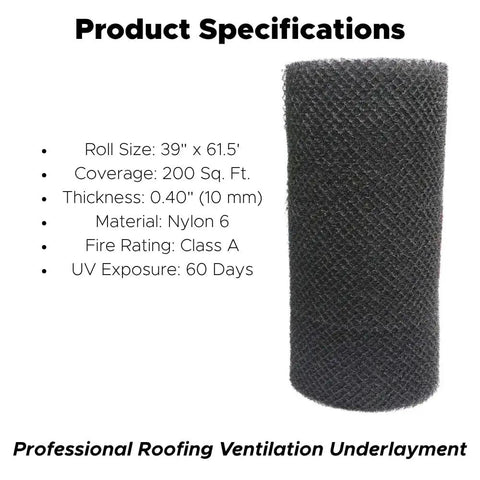 Top Shelf Roof Ventilation Mat Thirty Nine By Sixty One Point Five Feet creates wide air gap, 39x61.5ft black nylon, professional roofing specification.