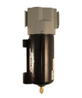 Three Eighths Inch NPT Metal FRL Coalescing Filter for Air Compressors, Durable Dry Air Cleanup, side view of black and gray unit