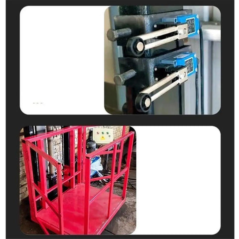 Close-up of guide rails and control panel for Compact Electric Lift Table With Guide Rail For Warehouse Or Basement.