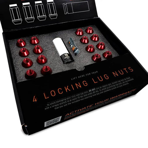 Beefy Aluminum Locking Lug Nuts 20-Piece Set M12x1.25 Silver With Non-Marring Sockets in packaging, aircraft-grade 7075-T6