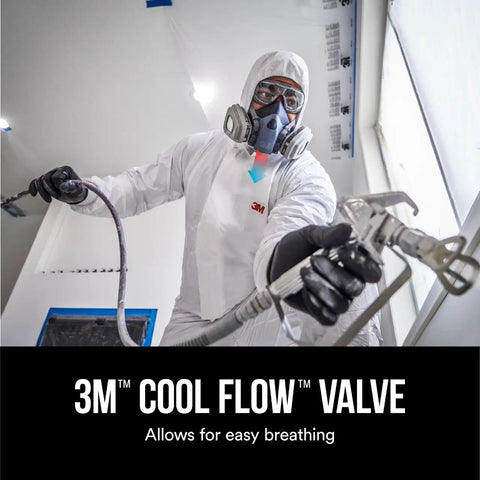 Worker wearing Half Face Organic Vapor Respirator P95 with Cool Flow Valve and protective suit, using spray equipment on worksite.