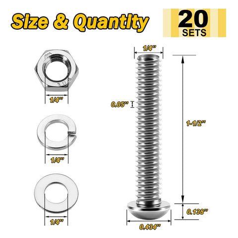 1/4-20 Stainless Steel Bolt Kit With Nuts, Washers, And Fully Threaded Button Head Socket Cap Bolts, dimensions and quantity shown
