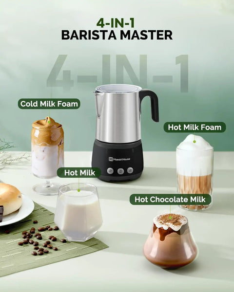 No Sweat Electric Milk Steamer And Frother Game Changer For Coffee Lovers with 4-in-1 capabilities on display.