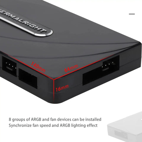 Close-up of Eight Channel ARGB Fan Hub Controller For Slick PC Case Cooling With Eight 4 Pin Ports And 5V 3Pin ARGB Hub