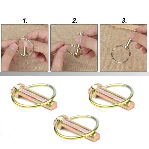 Instructions and view of Beefy Heavy Duty Lynch Pin Set 0.39 Inch Self Locking Trailer Hitch Pins Kit Zinc Plated Steel