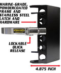 Stainless Steel Propane Bracket For Ten Pound Tanks Marine Grade Black Finish Beefy Build showing lockable quick release