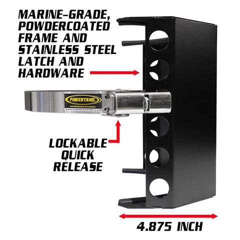 Stainless Steel Propane Bracket For Ten Pound Tanks Marine Grade Black Finish Beefy Build showing lockable quick release