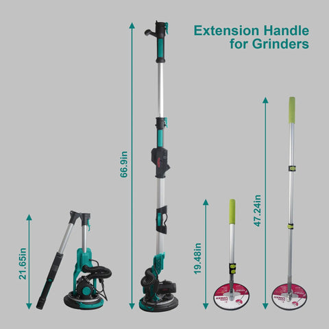 Electric Drywall Sander Kit With Integrated Vacuum Dust Collector And Telescoping Pole Sander Attachment displayed with height measurements.