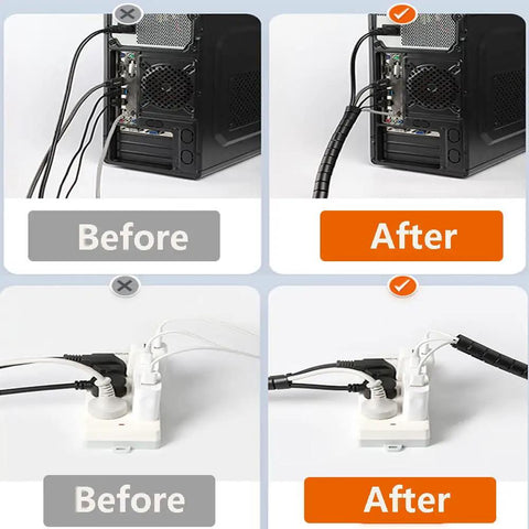 Before and after using Spiral Cable Wrap 20 Ft 1/2 Inch Flexible Cable Sleeve For Computer Cables Power Cords And Audio Video Cables White Durable PE Material Keeps It Neat And Tidy For Your Setup showing improved cable management.
