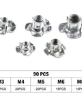 90 Piece Four Prong Tee Nuts Set Zinc Plated Steel For Woodworking And DIY Projects M5 M6 M8 Blind Captive Nuts Kit