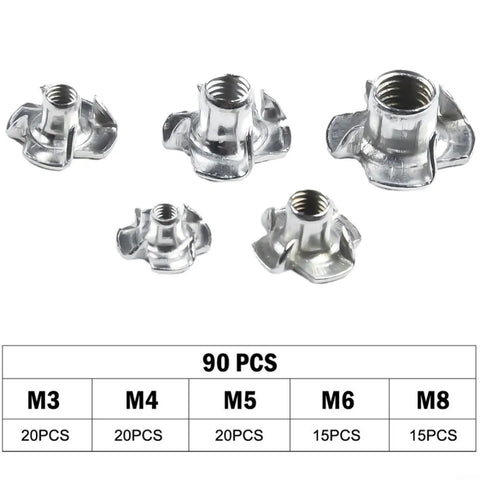90 Piece Four Prong Tee Nuts Set Zinc Plated Steel For Woodworking And DIY Projects M5 M6 M8 Blind Captive Nuts Kit