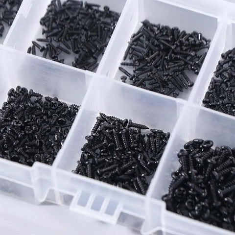 Heavy Duty Micro Self Tapping Screws Pan Head Carbon Steel Black Finish 1000 Pack for Laptop and Tech Repair in storage containers.