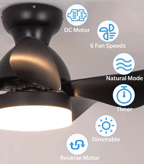 30 Inch Flush Mount Ceiling Fan With No Fuss Remote And App Control featuring dimmable LED light, six speeds, black design