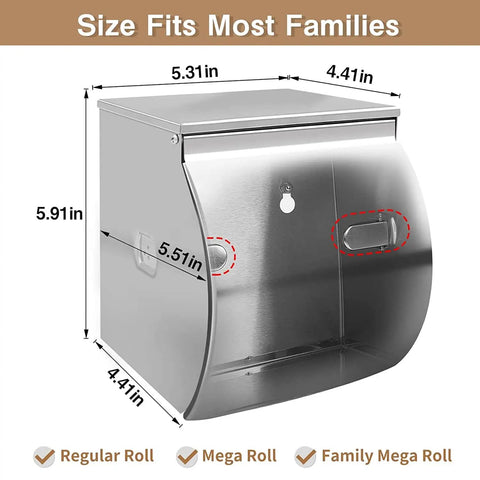 No Drill Stainless Steel Toilet Paper Holder With Shelf And Storage Box Waterproof SUS304 Cat And Dog Proof Self Adhesive Bathroom Organizer Holds Extra Rolls And Your Phone Black Finish with measurements
