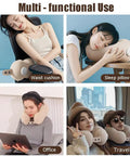 Travel Inflatable Neck Pillow With Five Dimensional Support For Long Flights Portable U Shaped Comfort Cushion in use for travel, office, sleep, and waist support.
