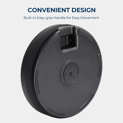 80 Pound Round Patio Umbrella Base With Fillable HDPE Weights for Outdoor Market Umbrellas, shown with easy-grip handle, black.