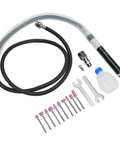 Air Powered Pencil Die Grinder Kit for One Hand Use Micro Polishing and Engraving Tool Portable Zinc Alloy Build High Speed 65,000 RPM 90 PSI Pro Grade for Metals and Woodworking Projects, shown with accessories and attachments.