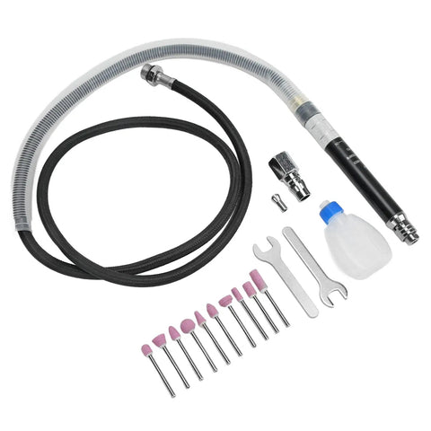 Air Powered Pencil Die Grinder Kit for One Hand Use Micro Polishing and Engraving Tool Portable Zinc Alloy Build High Speed 65,000 RPM 90 PSI Pro Grade for Metals and Woodworking Projects, shown with accessories and attachments.
