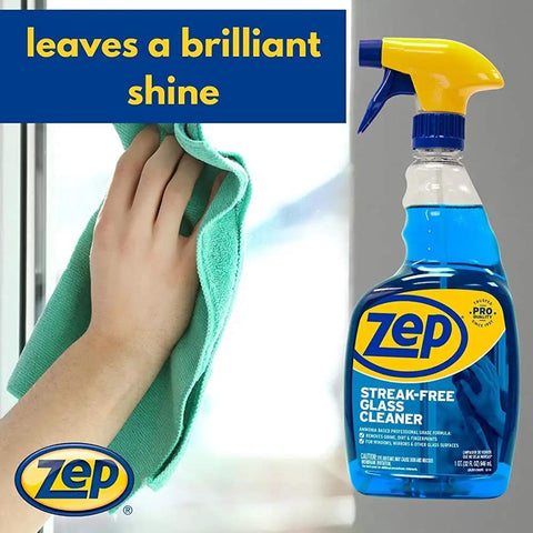 Hand cleaning window with cloth and Streak Free Glass Cleaner 32 Oz Pro Grade Formula For Windows And Surfaces Removes Fingerprints And Grime Fast Drying Multipurpose Ammonia Based Blue 1 Quart Bottle