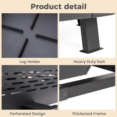 Details of 42 Inch Large Square Outdoor Fire Pit With Poker, Wood Burning Fire Pit; log holder, heavy-duty foot, perforated design, thickened frame.