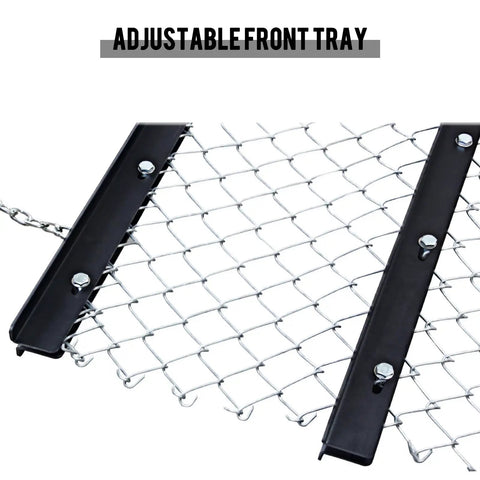 Close-up of adjustable front tray on 4 By 5 Foot Chain Drag Harrow For ATV UTV And Tractor Attachments, Beefed Up Ground Leveling Tool
